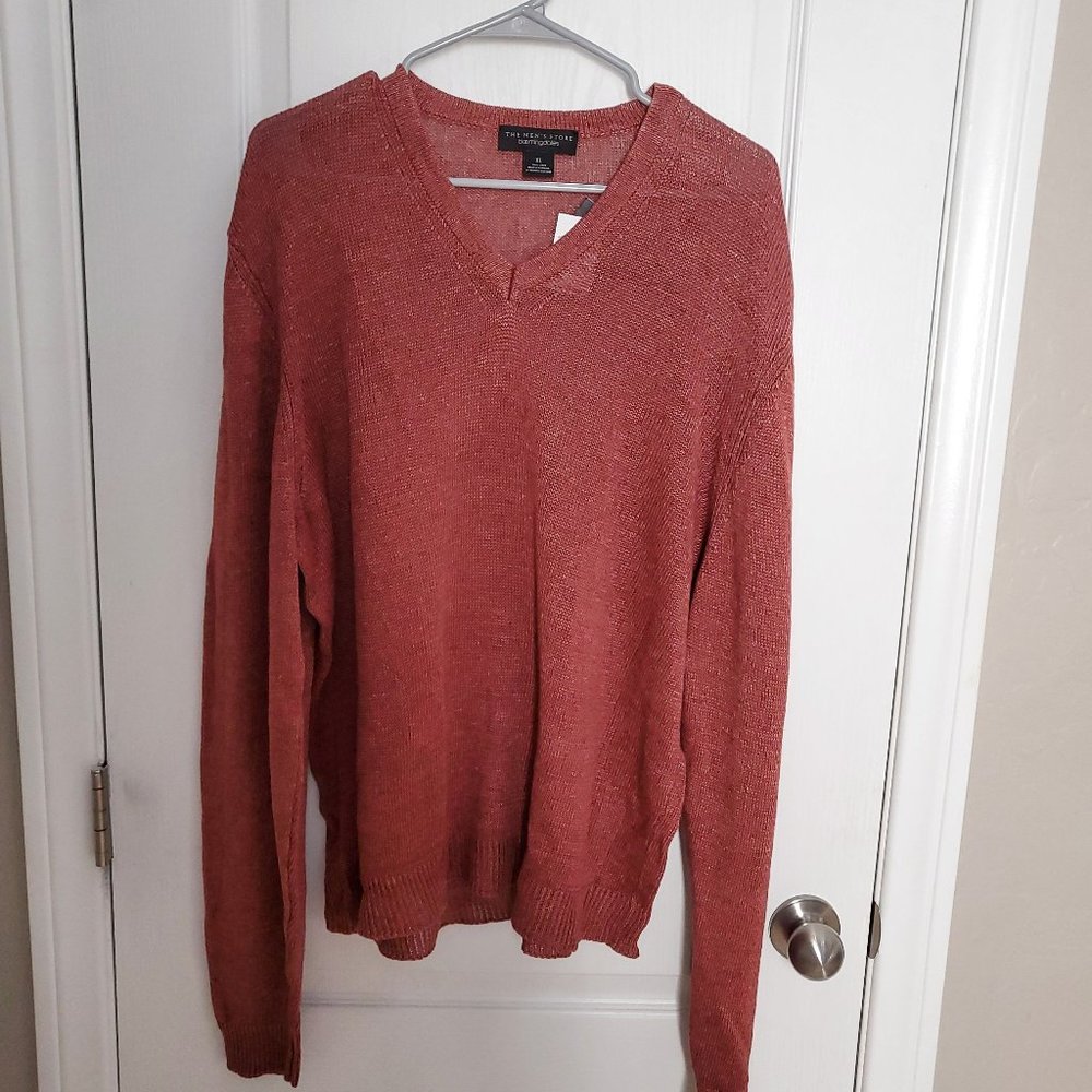 Bloomingdale's The Men's Store XL Mens V-Nec100% Linen Sweater Dark Red Clay NWT